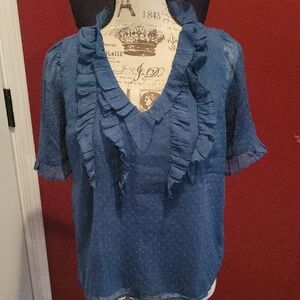 Loft Women's Teal Lined Ruffle Top W/ Short Sleeve
